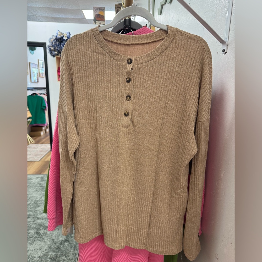 Tan Ribbed Long Sleeve Henley Shirt